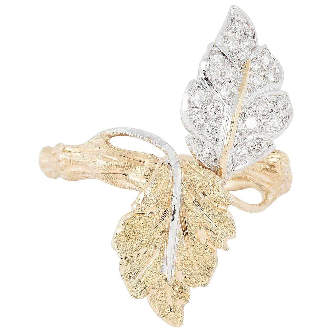 M. Buccellati Diamond Gold Twin Leaf Ring