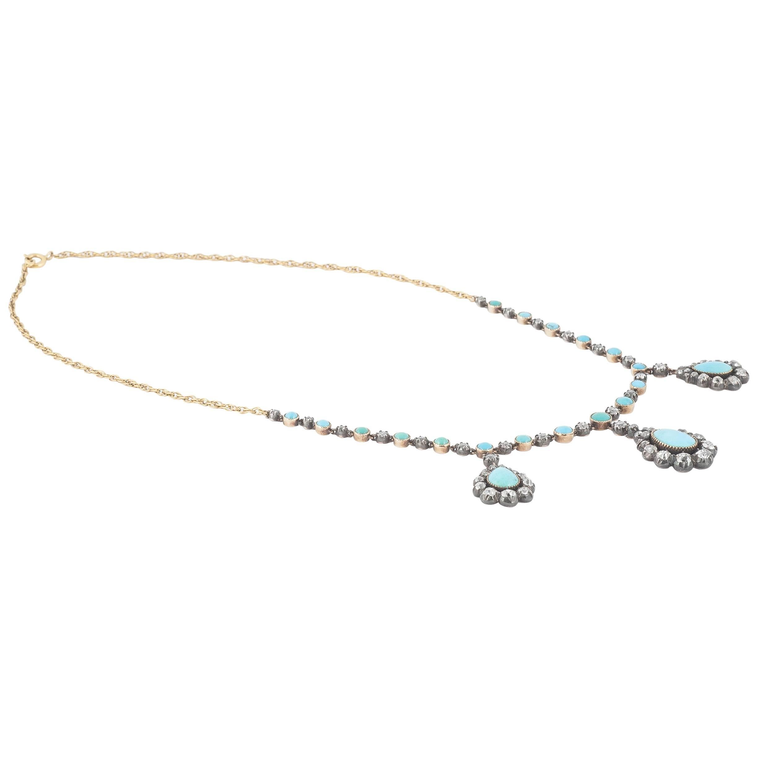 Edwardian Turquoise Diamond Silver Gold Set Necklace For Sale