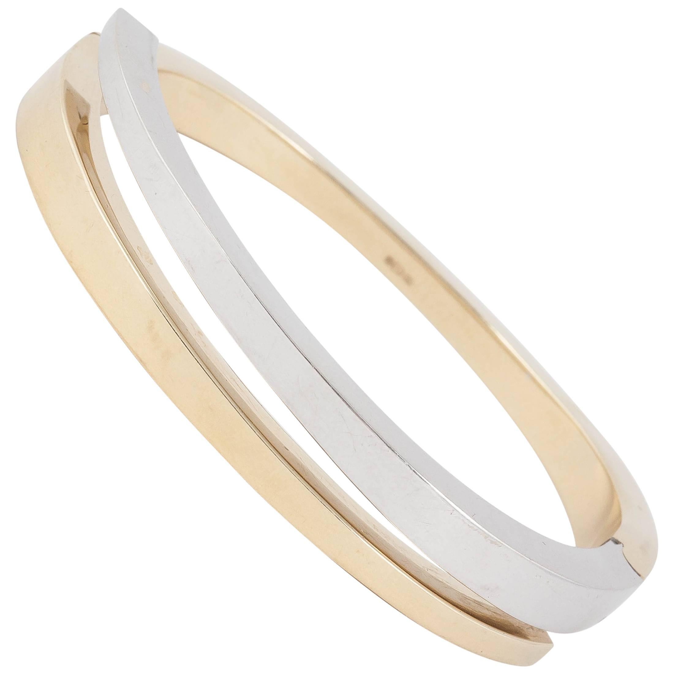 Modernist 2 Colour Gold Hinged Bangle Bracelet For Sale