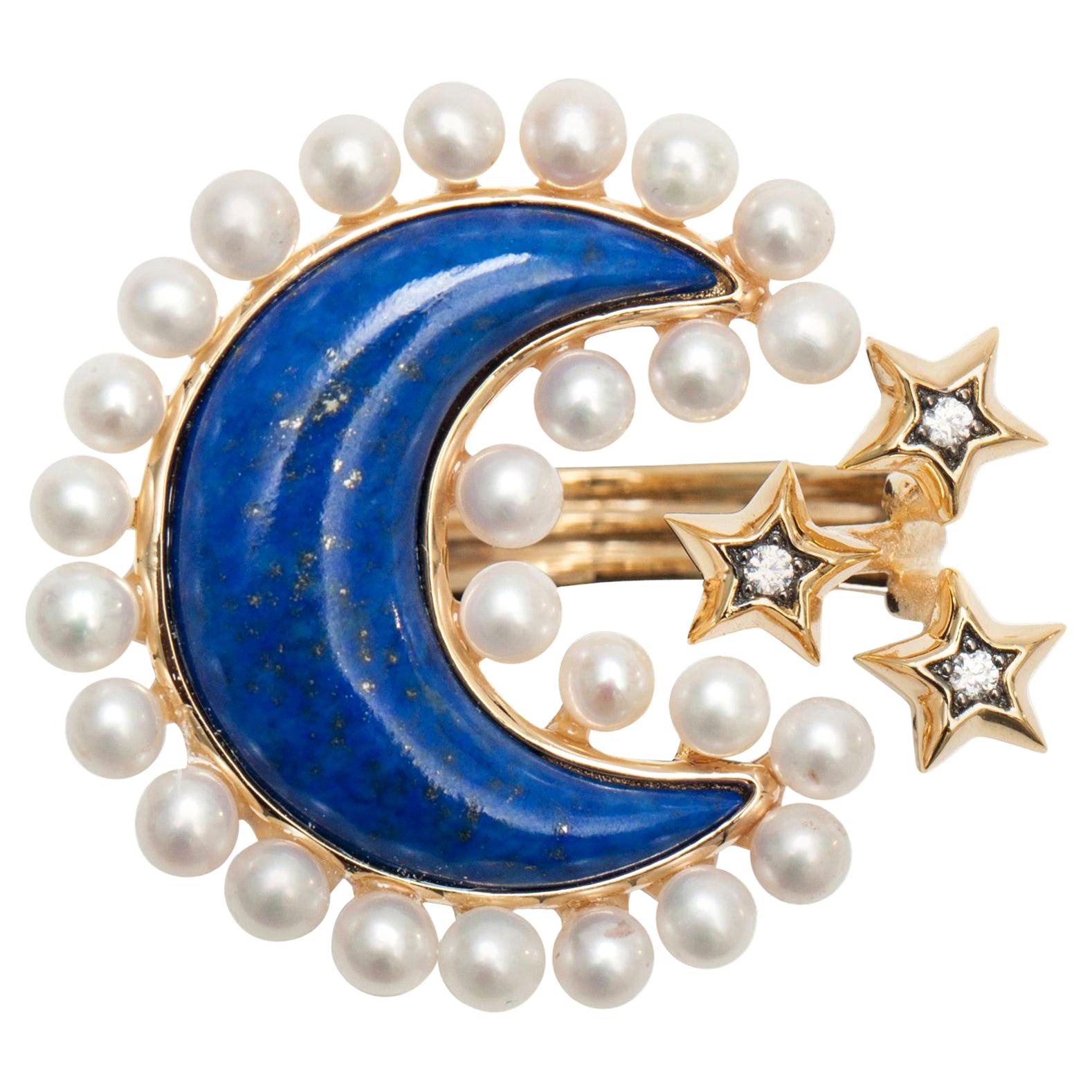 Bague cocktail Ammanii en or vermeil, perles et lapis-lazuli, lune et étoiles
