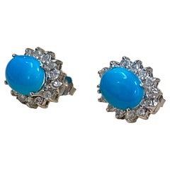 8 Ct Oval Sleeping Beauty Turquoise & 1 Ct Diamond Stud Earrings 14 K White Gold