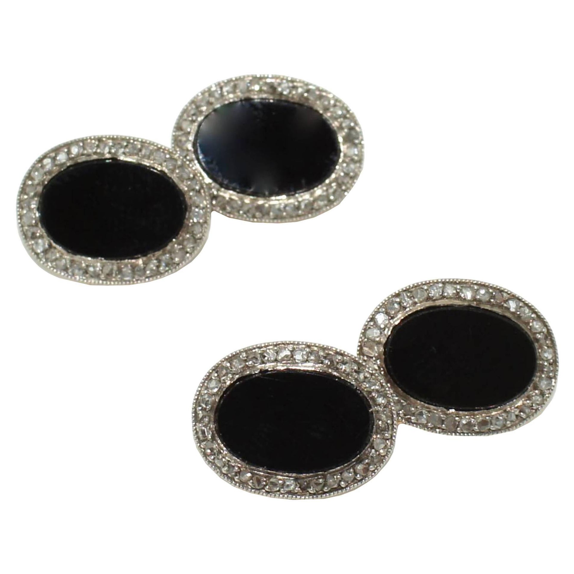 Art Deco Black Onyx and Diamond Cufflinks For Sale