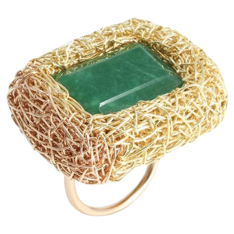 Green Aventurine Emerald Cut One off 14 K Gold F Cocktail Ring by the Artist