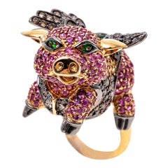 18k Gold Pink Sapphire, Diamond, and Tsavorite Flying Pig Ring