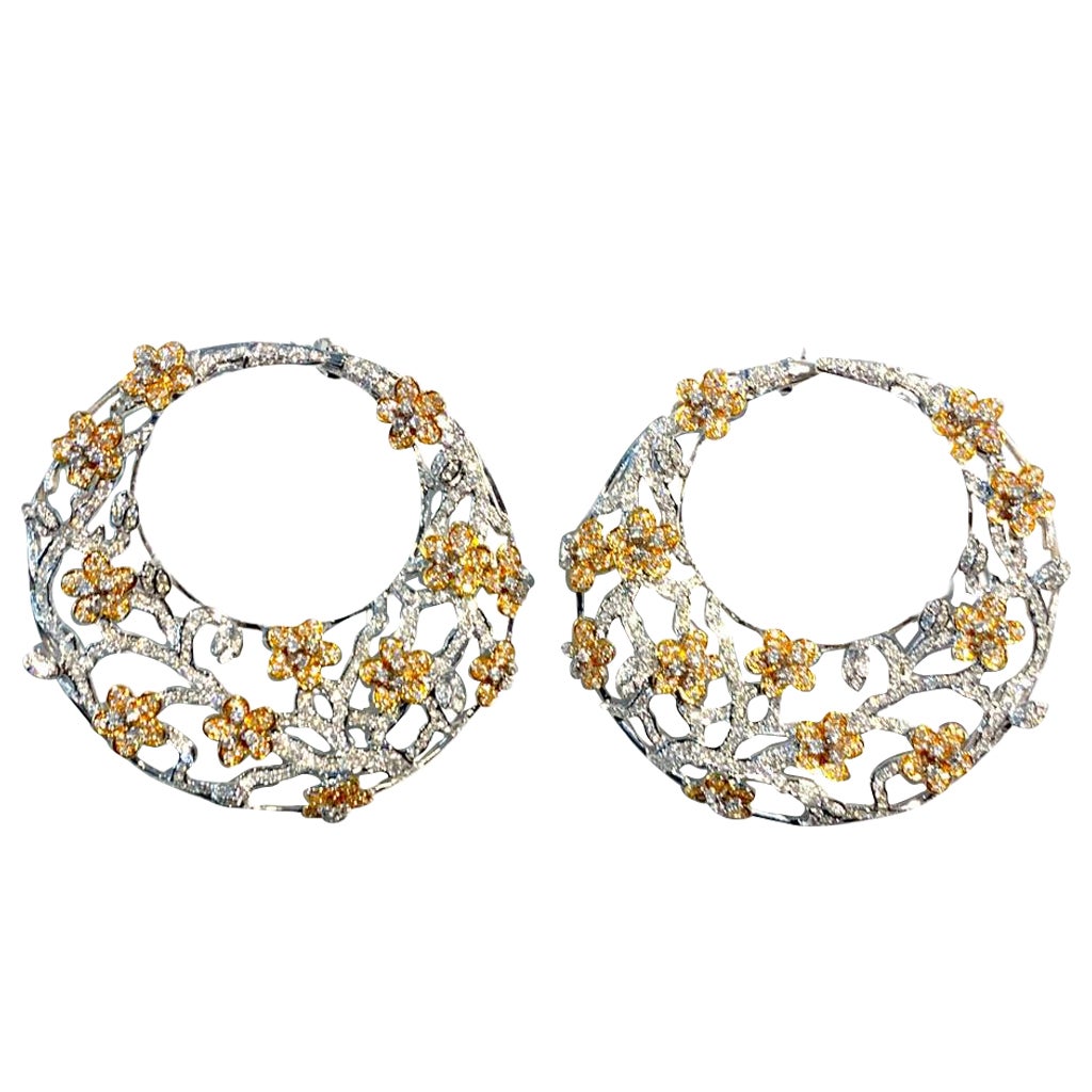 8.25 Carats Hoop Floral Earrings 18 Karat White and Yellow Gold