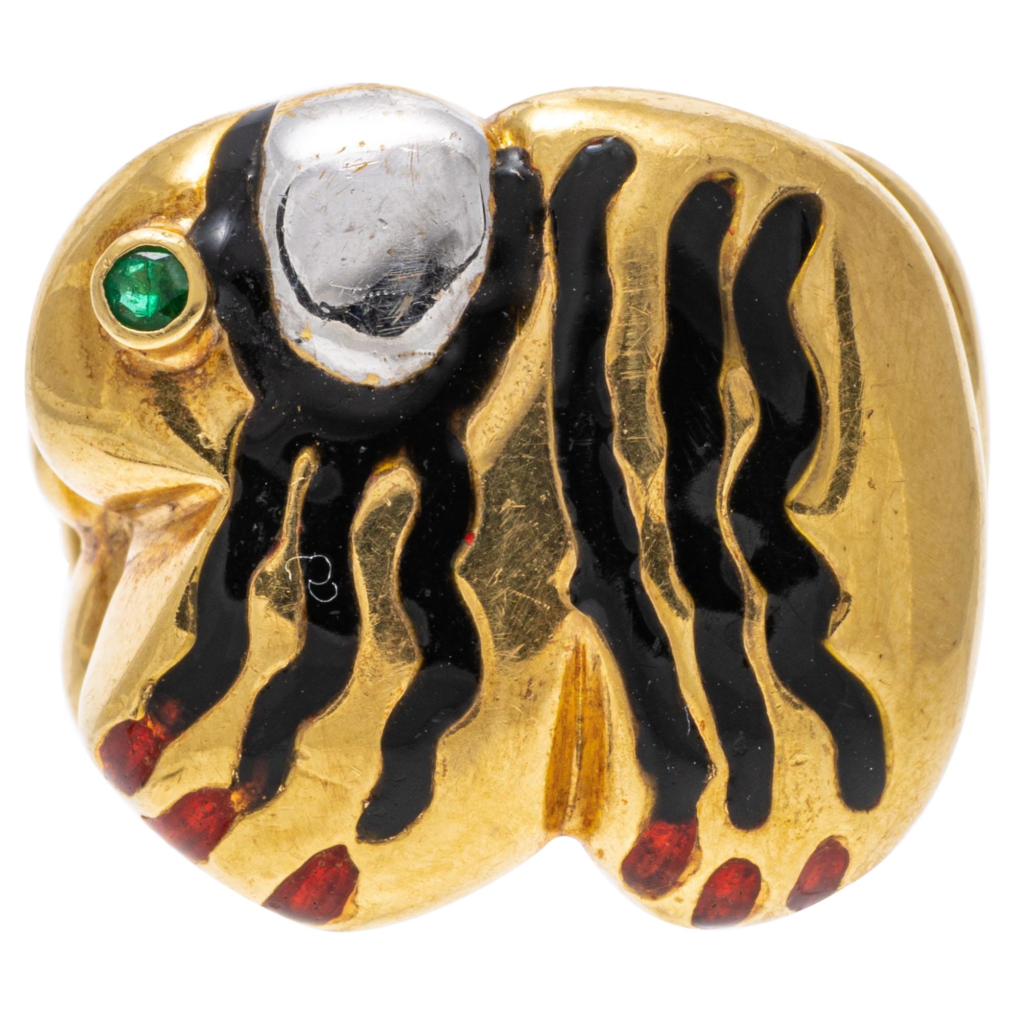 14k Yellow Gold Contemporary Black and Red Enamel Animal Dome Ring For Sale