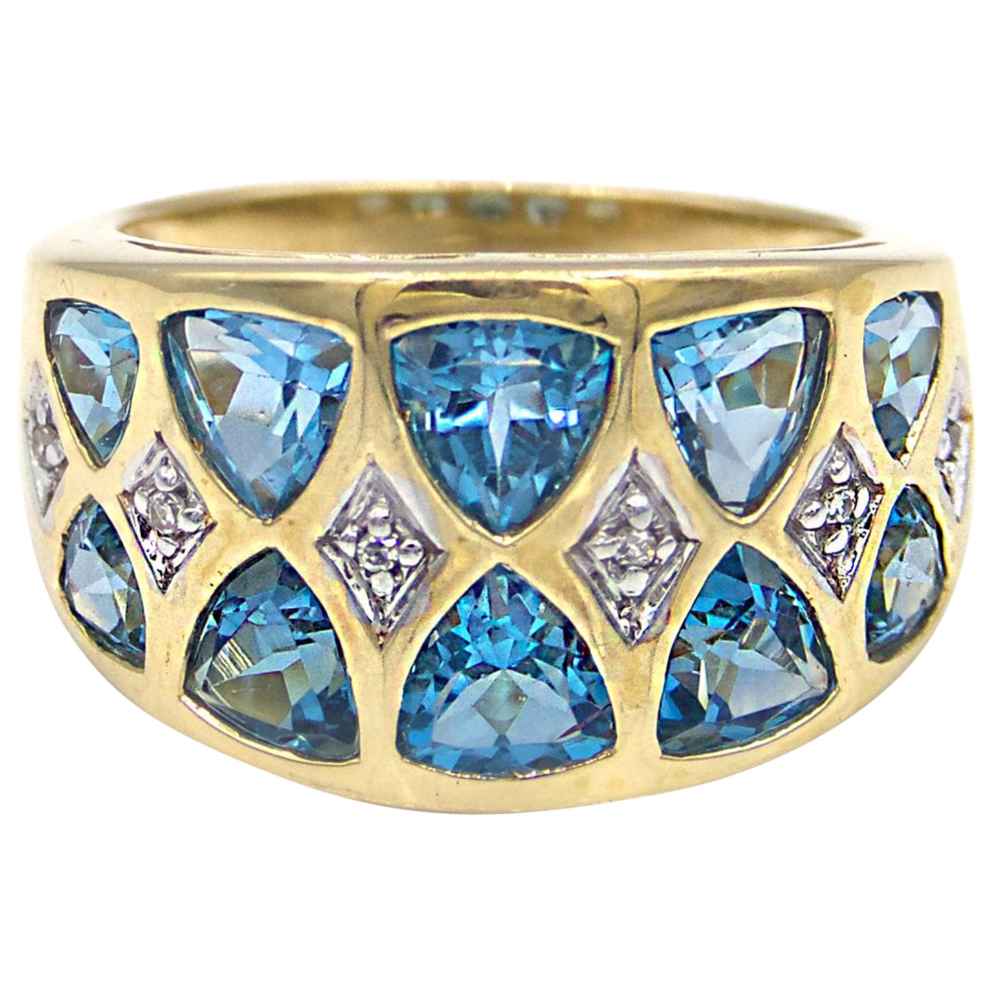 1980s Trilliant Cut Blue Topaz Diamond Ring For Sale