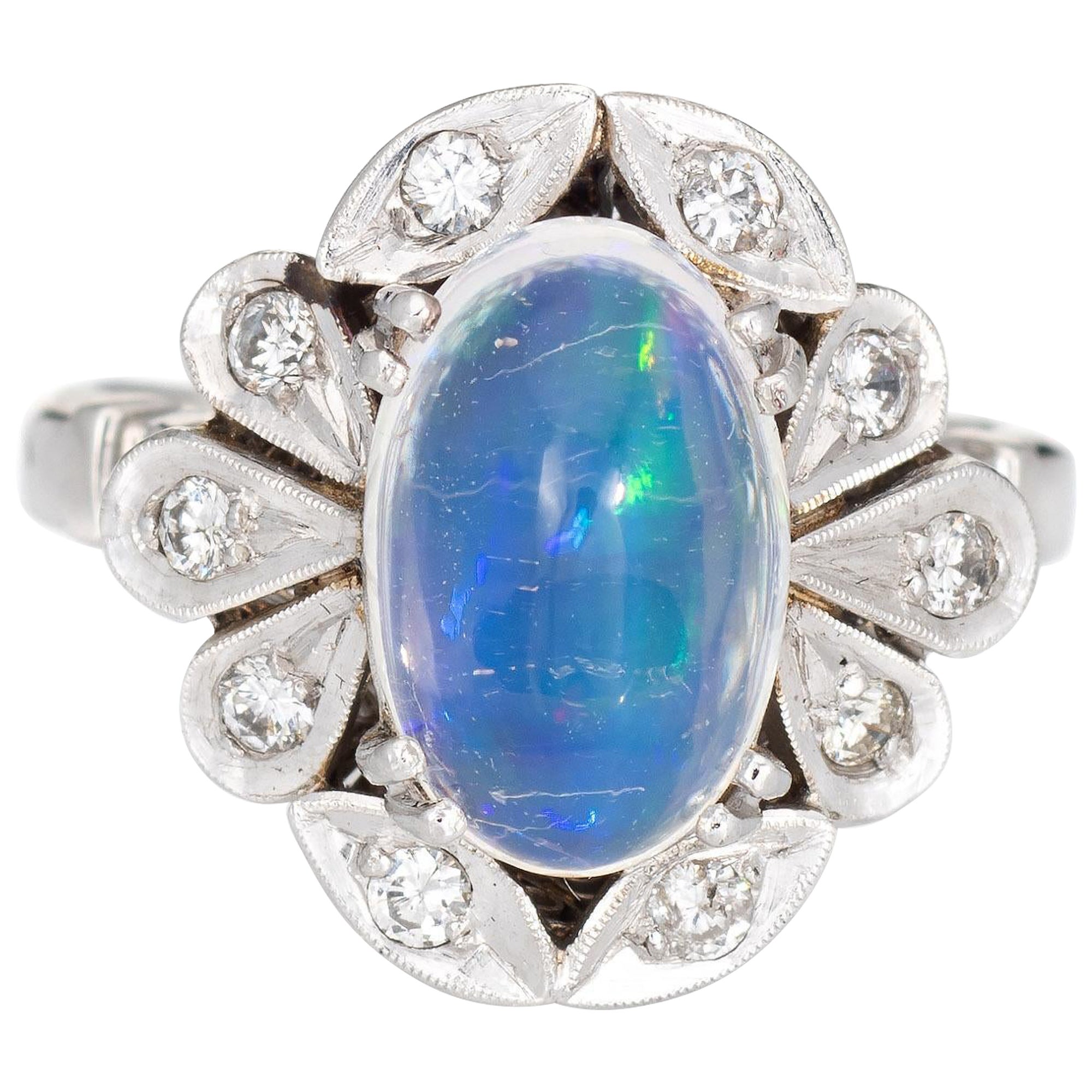 3.15ct Natural Jelly Opal Diamond Ring Platinum Estate Fine Jewelry For Sale
