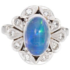 Retro 3.15ct Natural Jelly Opal Diamond Ring Platinum Estate Fine Jewelry