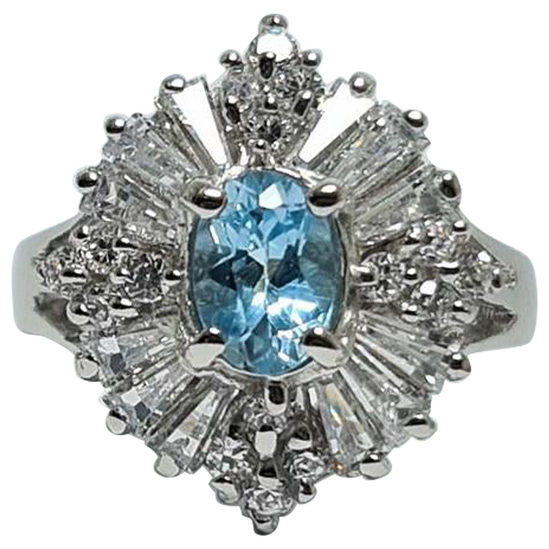 Natural Blue Topaz .925 Sterling Silver Cubic Zirconia Rhodium  Plated Ring For Sale