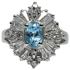 Antique Natural Blue Topaz .925 Sterling Silver Cubic Zirconia Rhodium  Plated Ring