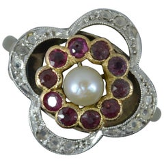 Edwardian Pearl Ruby and Diamond 18ct White Gold Quatrefoil Cluster Ring