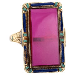 Vintage Art Deco Enamel Ring 14k Yellow Gold Long Square Cocktail Jewelry