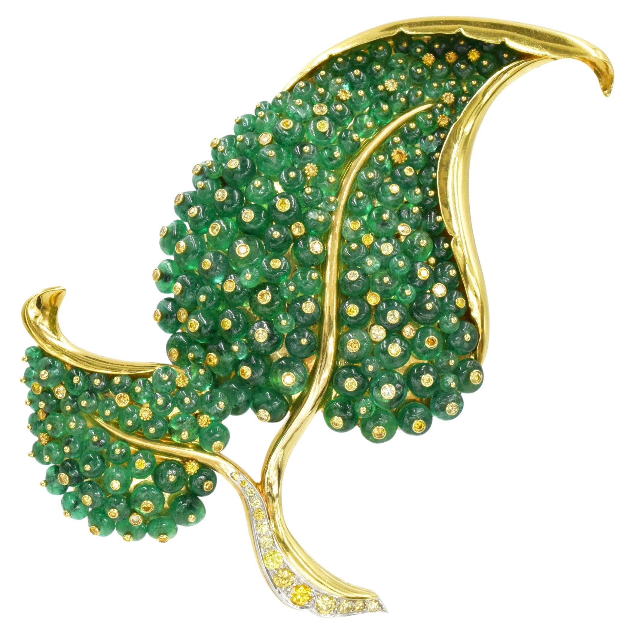 Fred Leighton Gold, Emerald and Colored Diamond Brooch For Sale