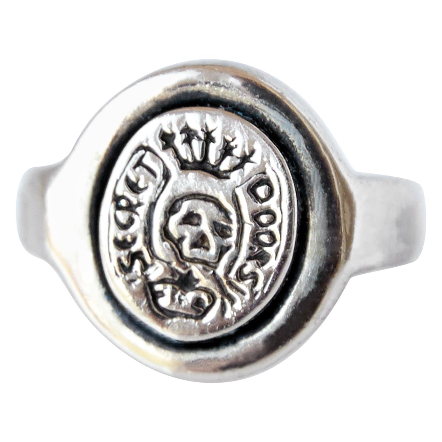 Crest Signet Ring Gold Victorian Memento Mori Style Skull J Dauphin For Sale