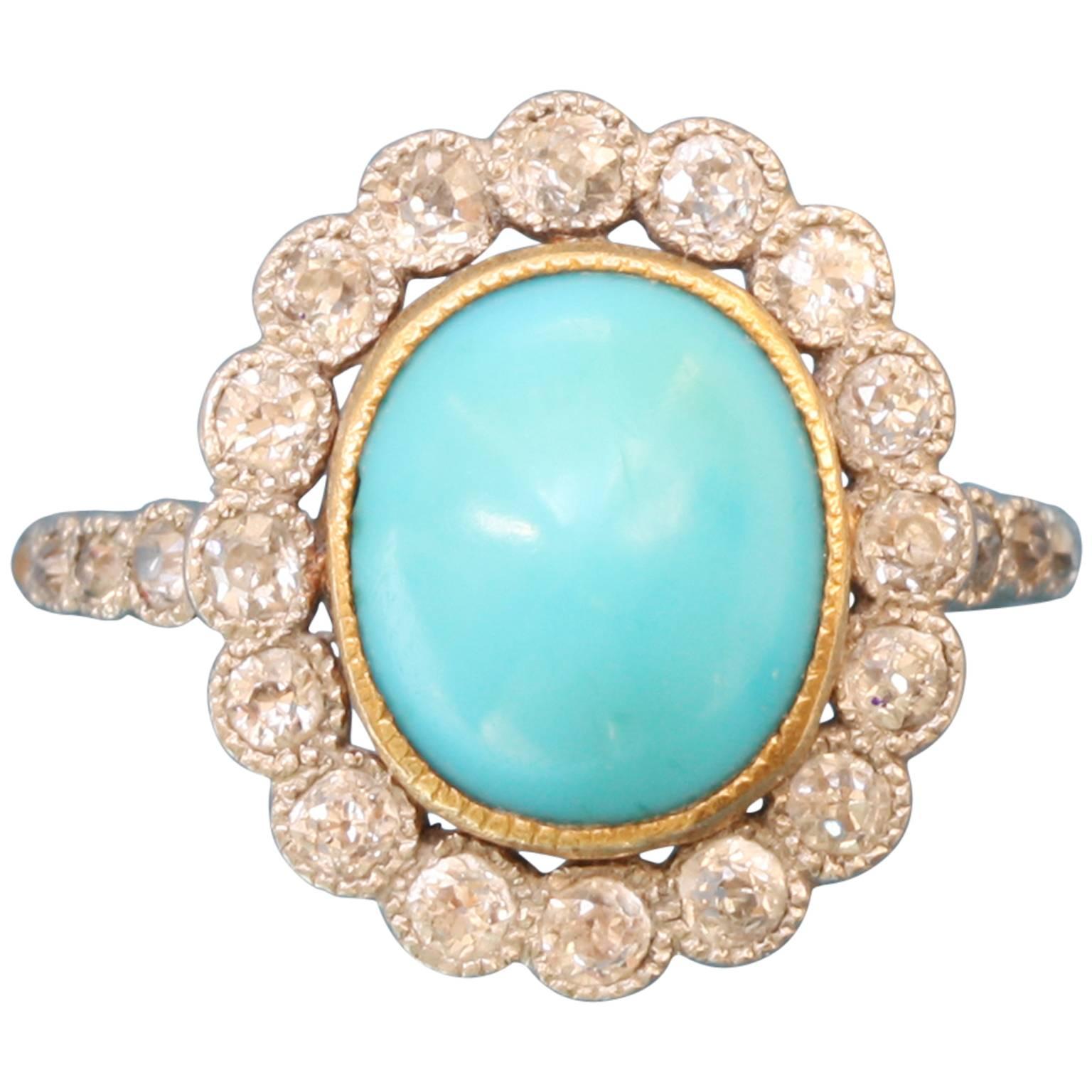 Edwardian Turquoise Diamond Gold Cluster Ring