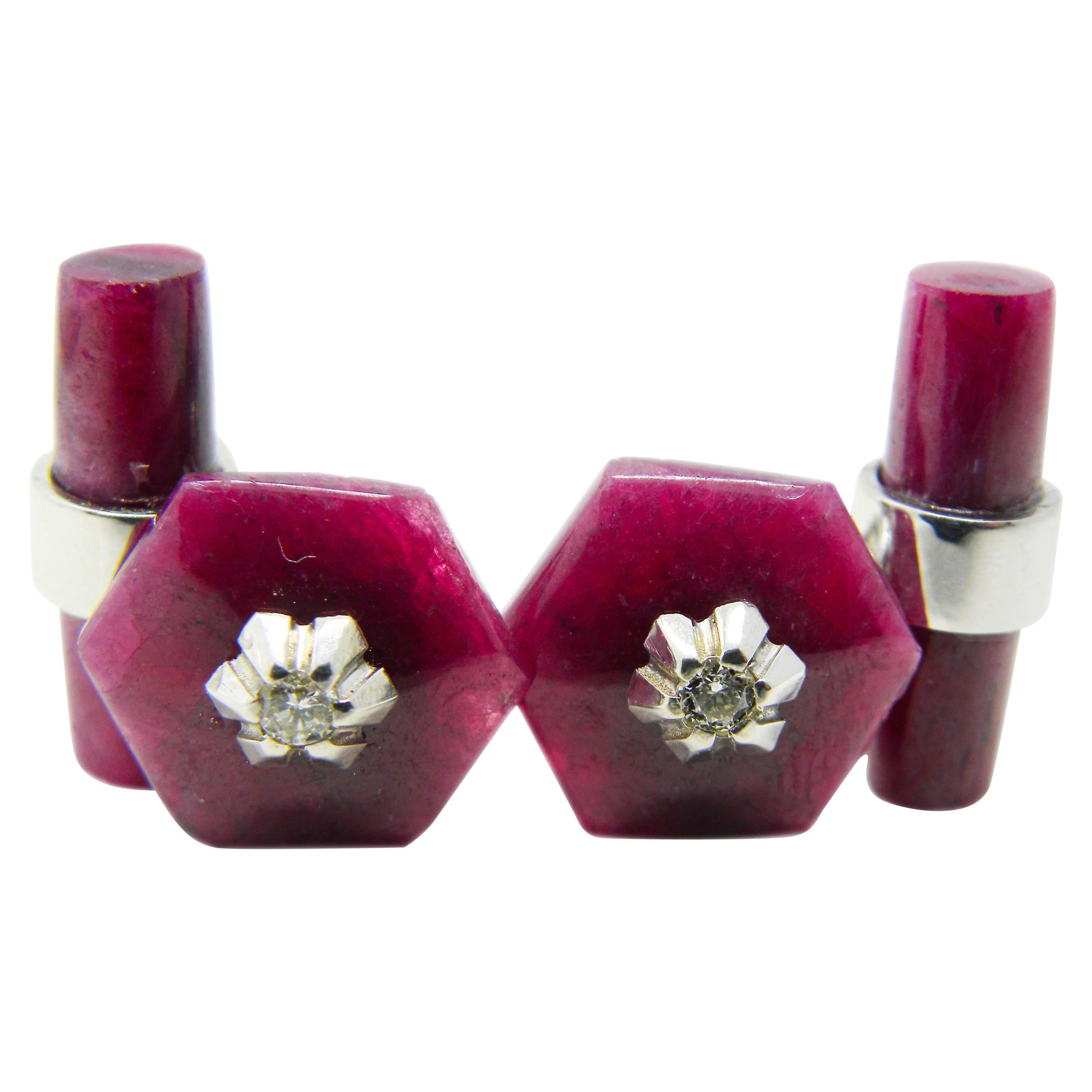 Berca Hand Inlaid Hexagonal Ruby Diamond, Ruby Stick Back White Gold Cufflinks For Sale