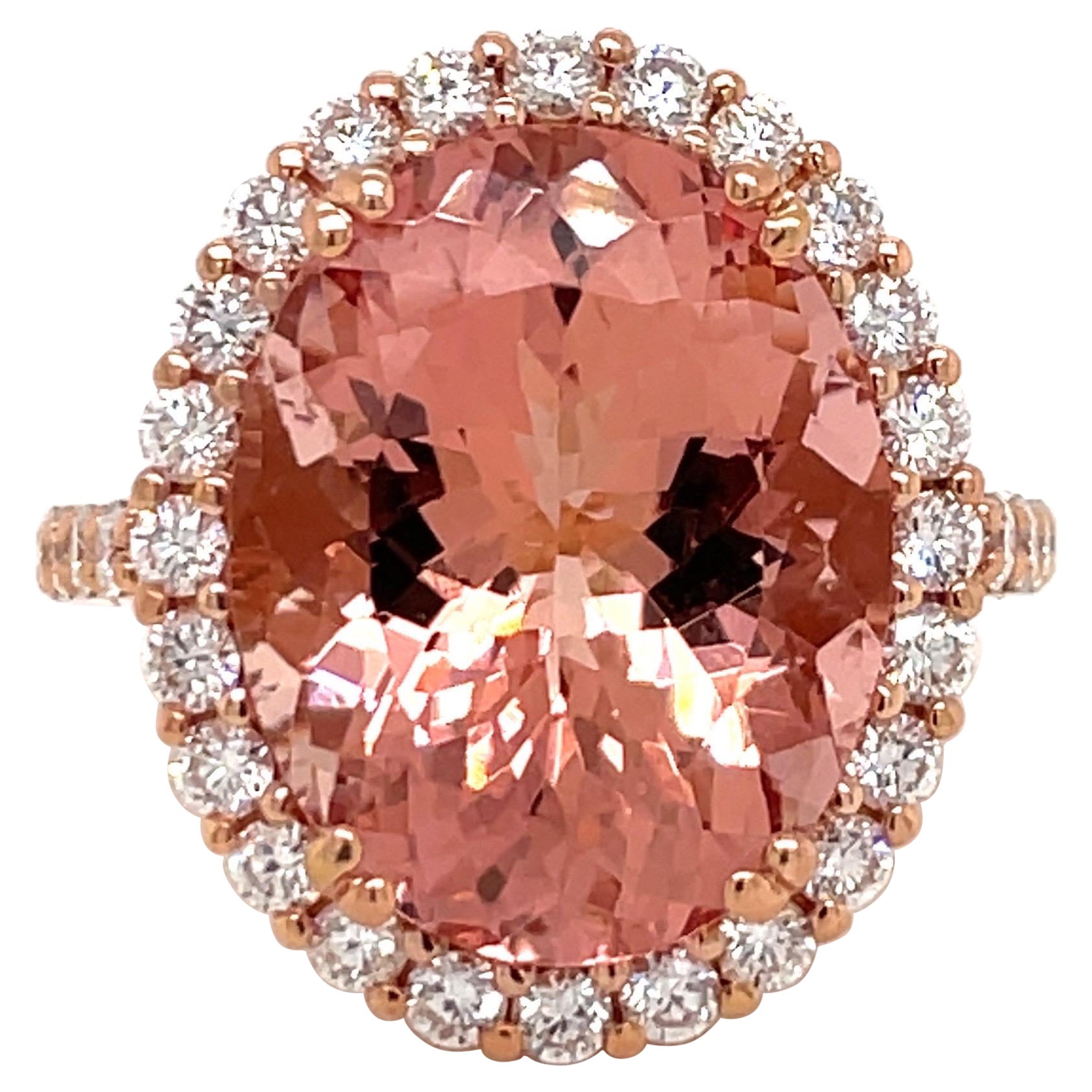 Oval Cut Morganite Diamond Halo Cocktail Ring 12.99 Carats 18 Karat Rose Gold For Sale