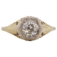 Antique GIA Certified .82 Carat Art Deco Diamond 14 Karat Yellow Gold Engagement Ring