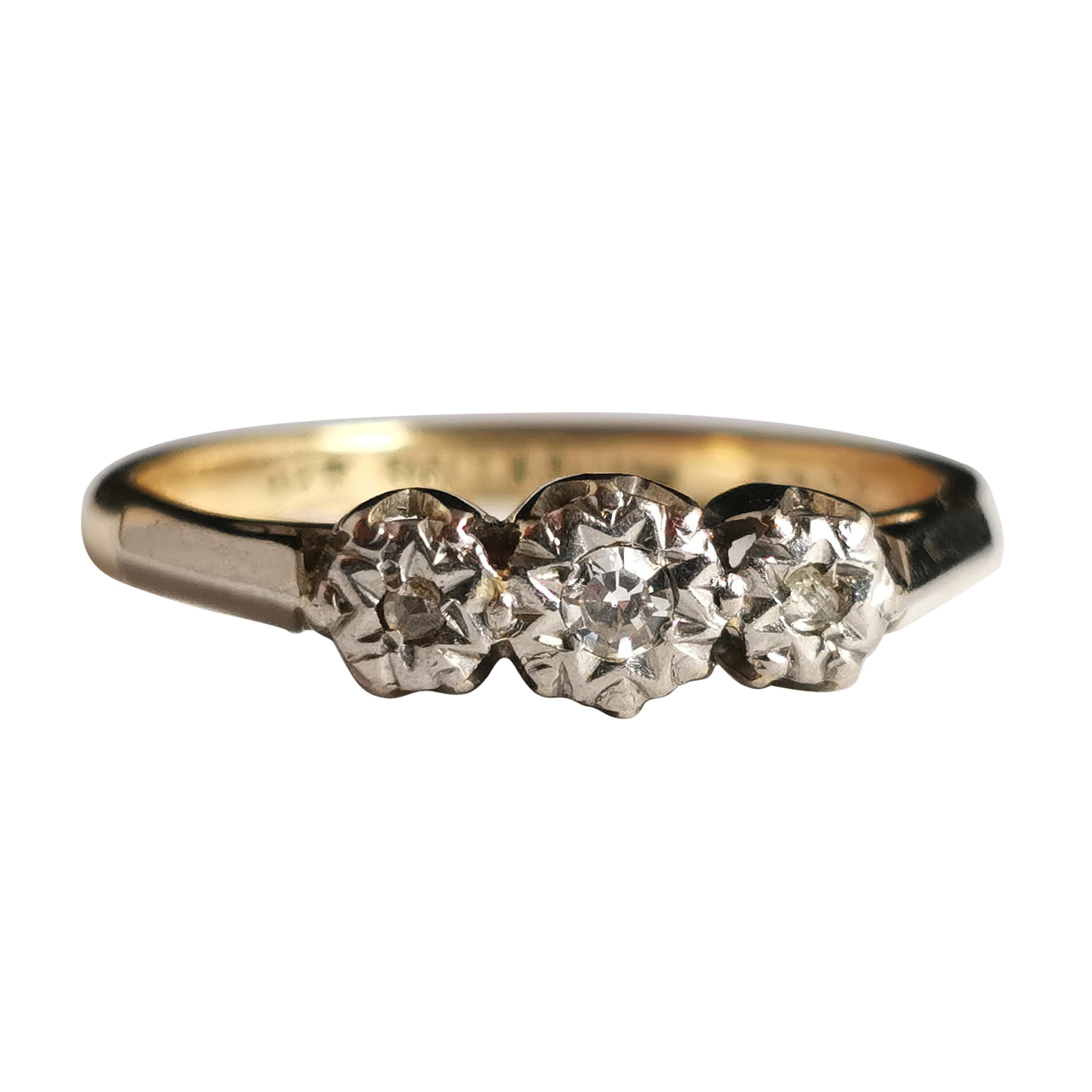 Vintage Art Deco Three Stone Diamond Ring, 9k Gold and Palladium