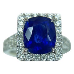 4.17 Carat Rich Blue Sapphire & Diamond 18K White Gold Ring