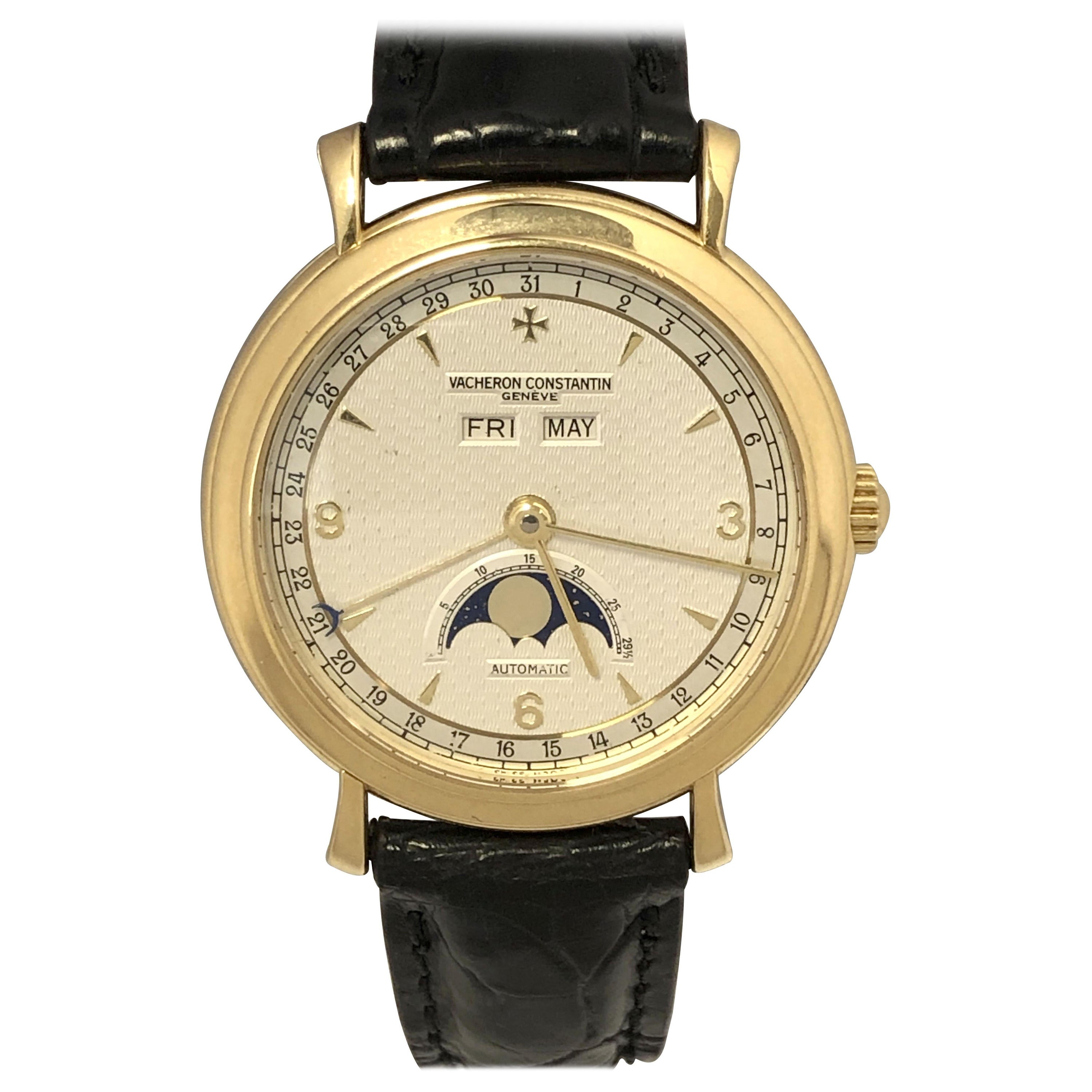 Vacheron Constantin Moonphase Triple Calendar Yellow Gold Wrist Watch Ref 47050 For Sale