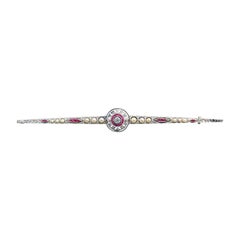 Art Deco Diamond Ruby Pearls Platinum 18 Karat Yellow Gold Bar Pin Brooch
