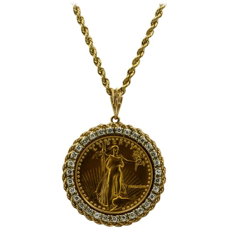 50 Liberty 1 Ounce Gold Coin Pendant with Diamond Bezel at 1stDibs