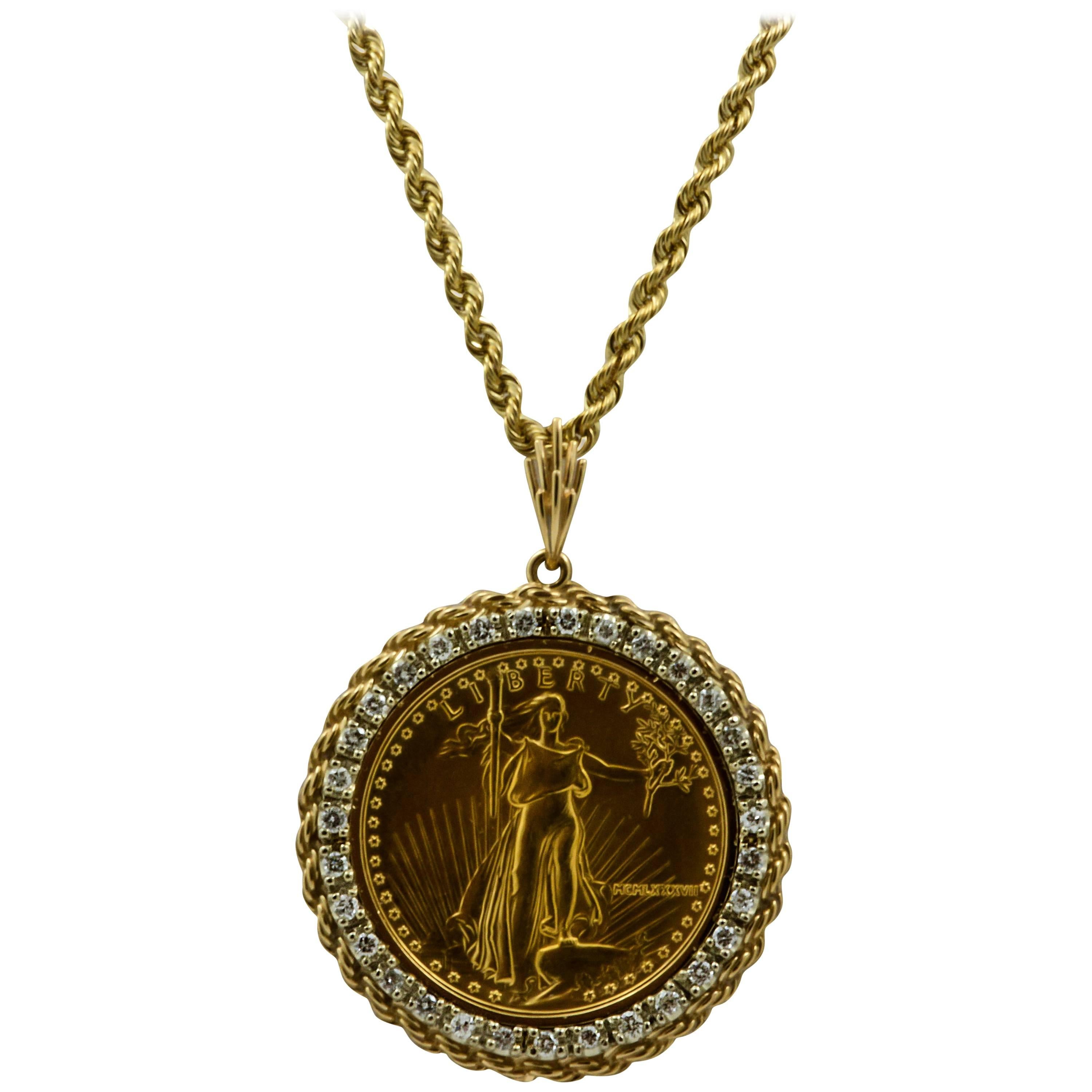 $50 Liberty 1 Ounce Gold Coin Pendant with Diamond Bezel