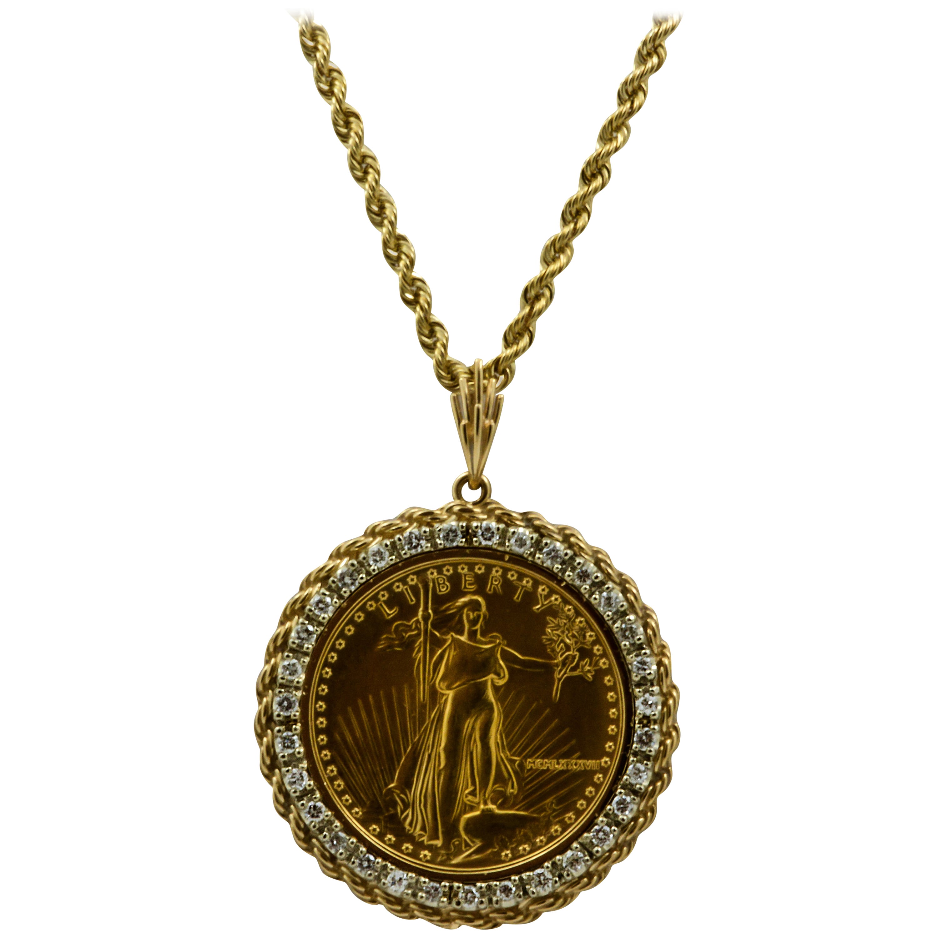 gold coin pendant with diamond bezel 