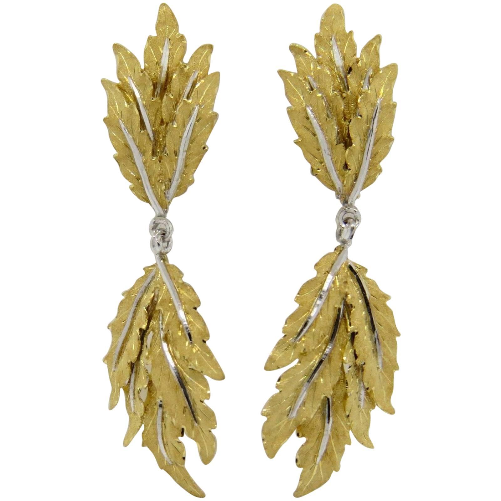 Buccellati Gold Leaf Motif Long Drop Earrings