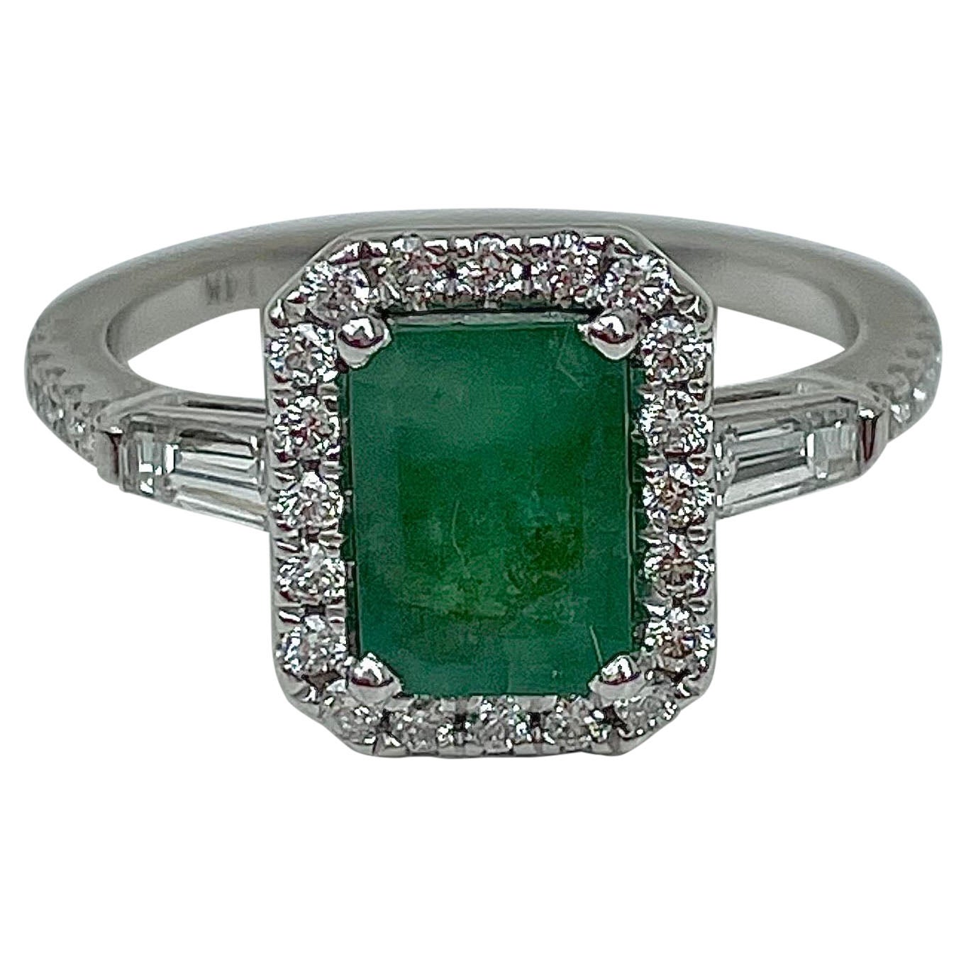 Vintage 14K White Gold Emerald and Diamond Ring For Sale