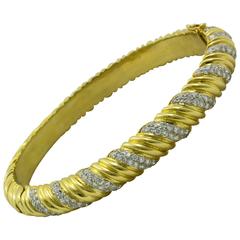 Diamond Gold Diagonally Grooved and Pave Set Bangle Bracelet