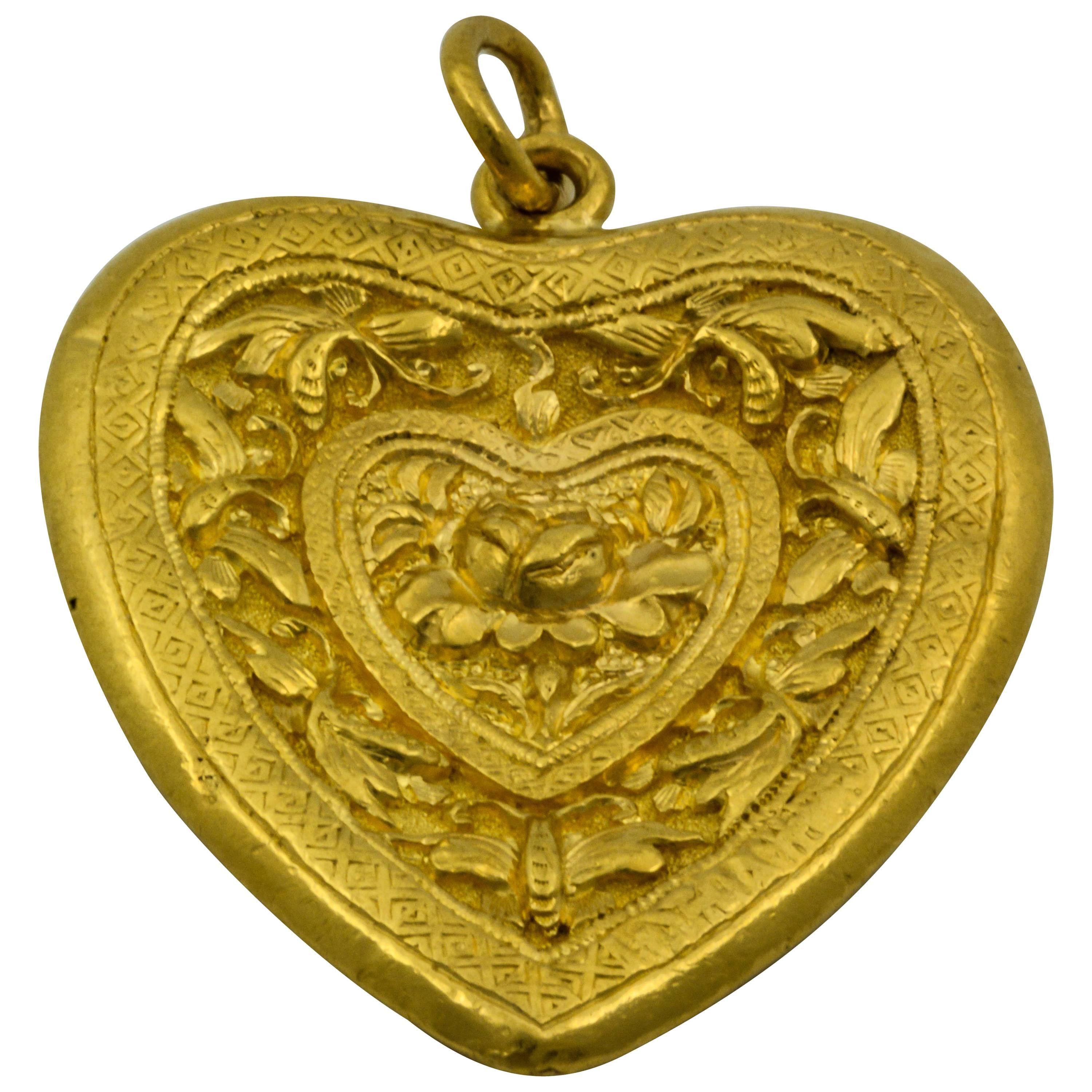 Antique Hand Carved Gold Heart Pendant