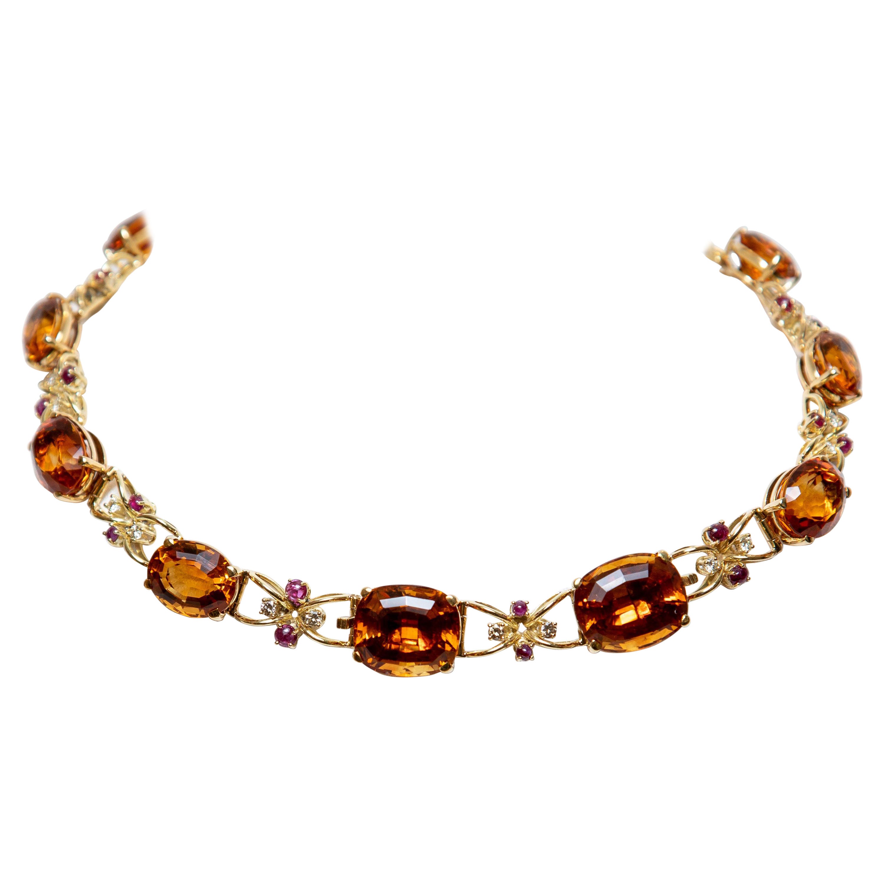 Choker-Halskette aus Gelbgold, orangefarbenem Quarz, Diamanten und Rubinen