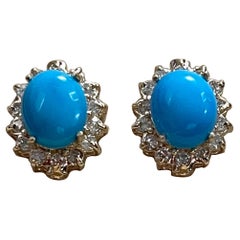 8 Ct Oval Sleeping Beauty Turquoise 1.2Ct Diamond Stud Earrings 14 K Yellow Gold