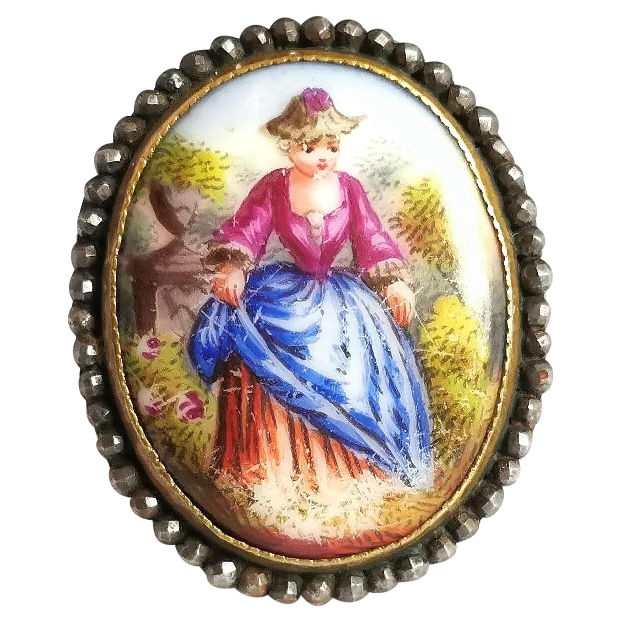 Antique Enamelled Portrait Ring, 9k Gold, Cut Steel and Mother of Pearl