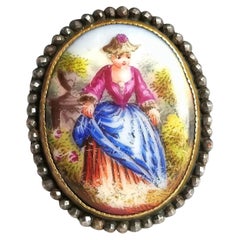 Antique Enamelled Portrait Ring, 9k Gold, Cut Steel and Mother of Pearl