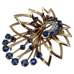Gbelin Broche à épingle florale vintage en or 18 carats, saphir et diamants