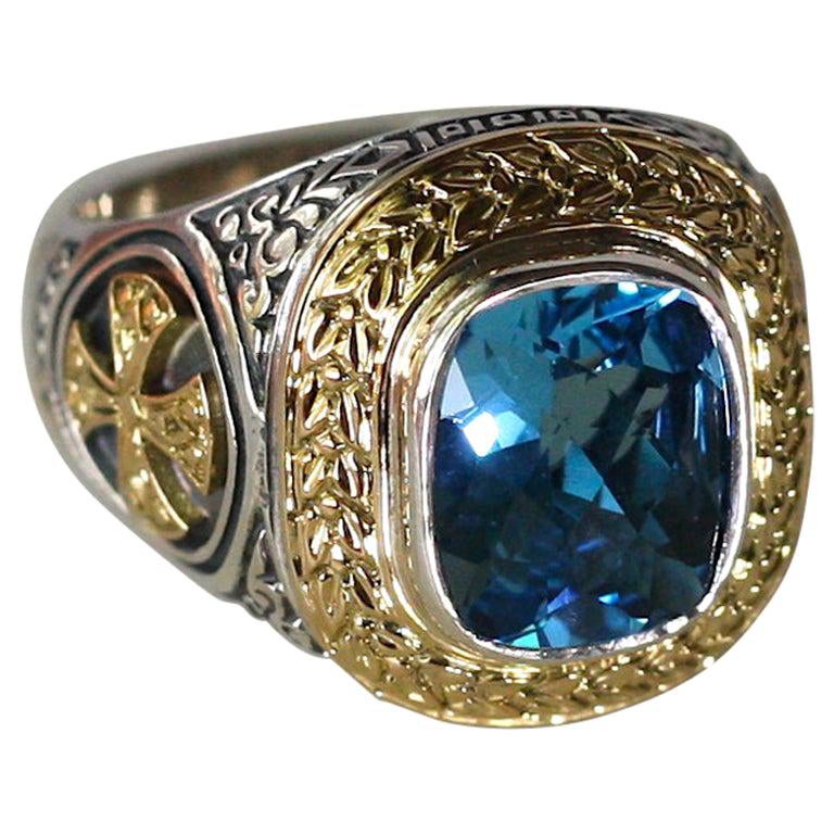 Georgios Collections 18 Karat Gold and Silver Two Tone Ring with Sky Blue Topaz For Sale