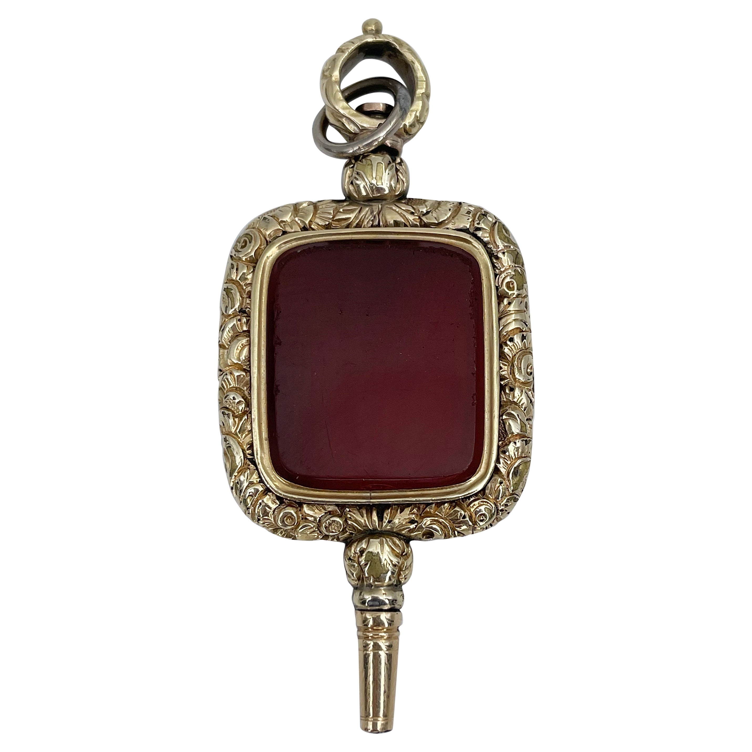 Victorian Gold Tone Carnelian Pocket Watch Key Fob Pendant For Sale