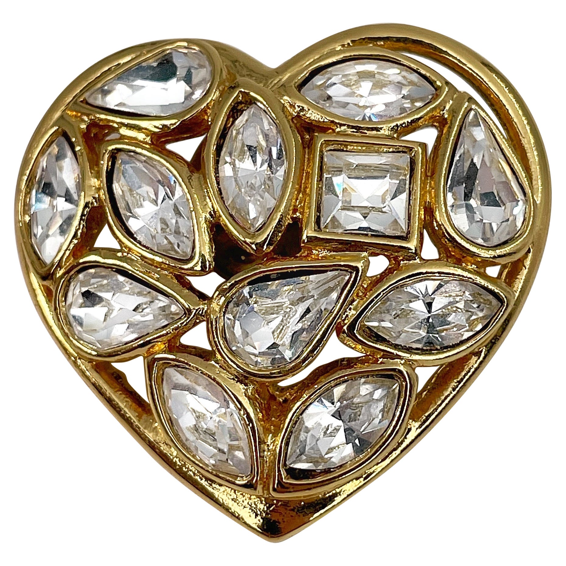1990s Vintage Yves Saint Laurent Gold Tone Clear Rhinestone Heart Pin Brooch