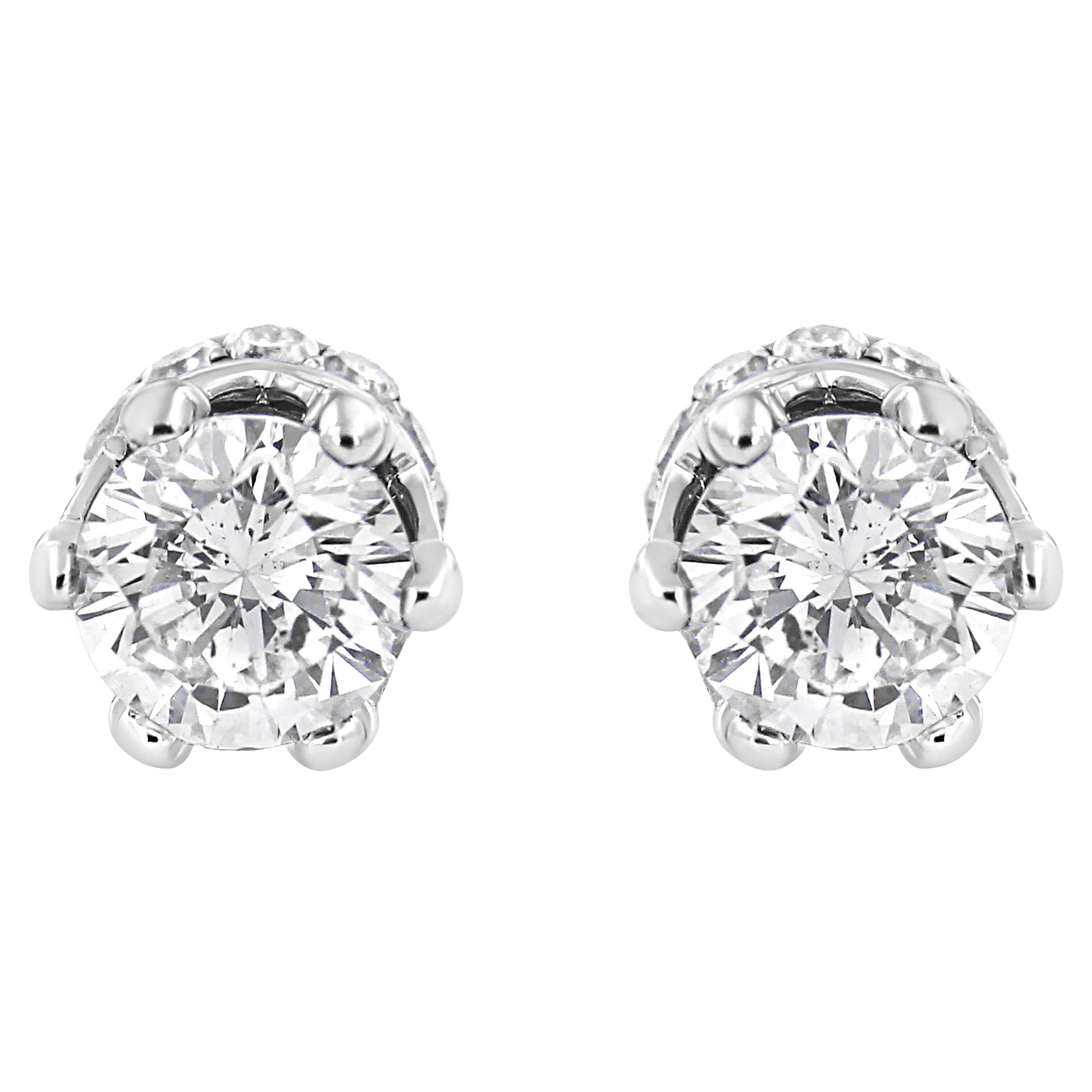 14K White Gold 1.0 Carat Round Cut Prong-Set Diamond Crown Stud Earrings For Sale