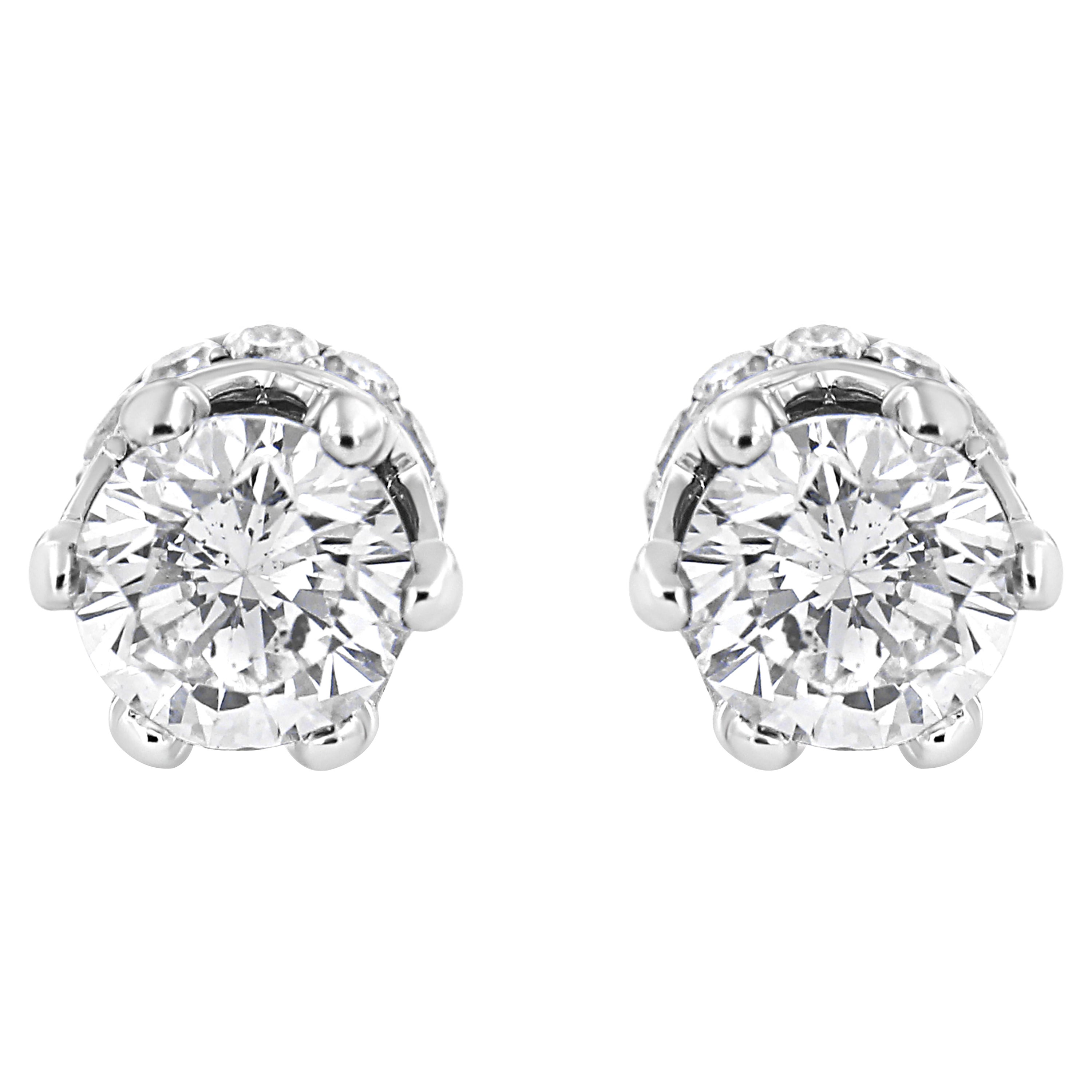 14K White Gold 1.0 Carat Round Cut Prong-Set Diamond Crown Stud Earrings