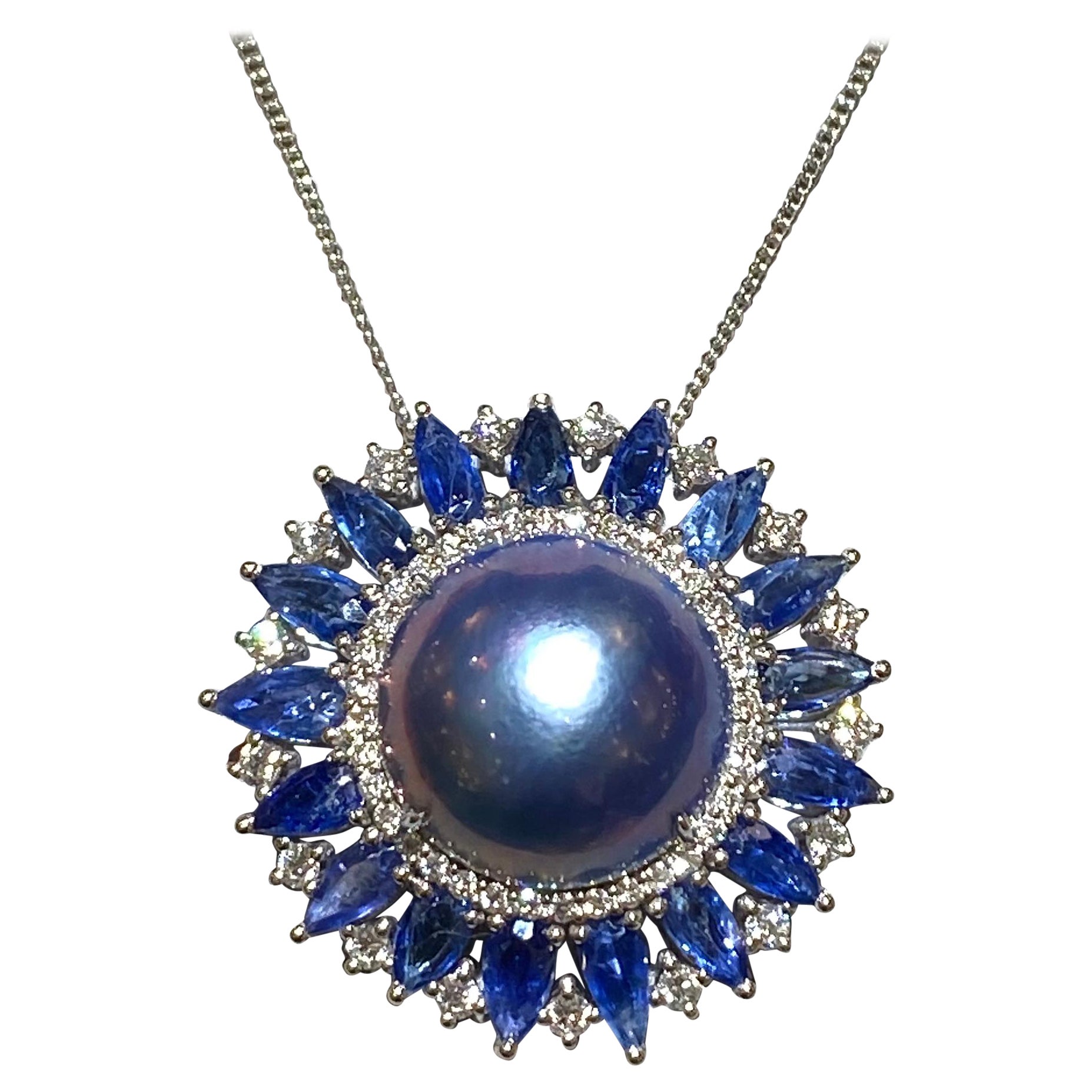 Eostre Mabe Pearl, Sapphire and Diamond Pendant in 18K White Gold For Sale