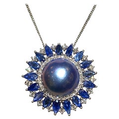 Eostre Mabe Pearl, Sapphire and Diamond Pendant in 18K White Gold