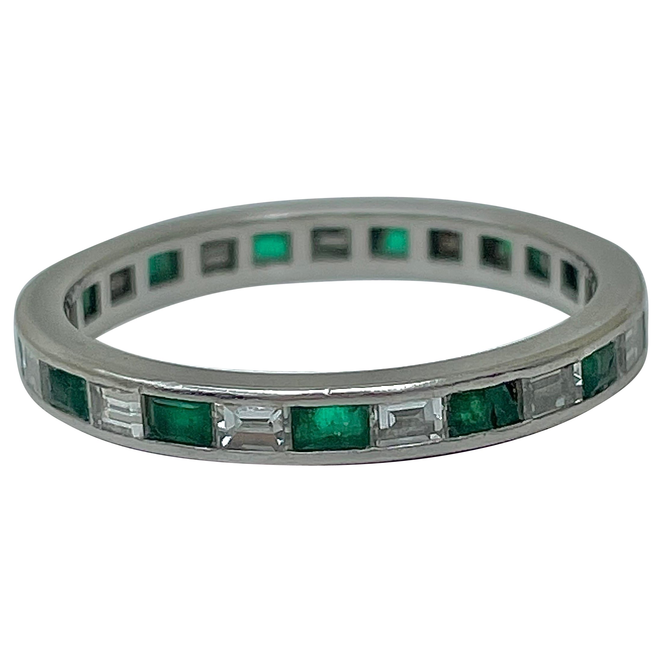 Antique Platinum Emerald and Diamond Full Eternity Band Ring For Sale