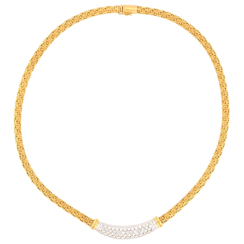 Roberto Coin 1980’s 18k Yellow Gold Basket Weave Necklace with Diamond Bar