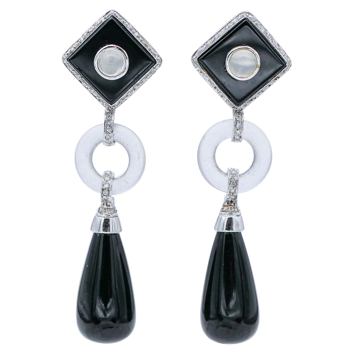 Onyx, Crystal Stone, Moonlight Stone, Diamants, Boucles d'oreilles pendantes en or 14 carats