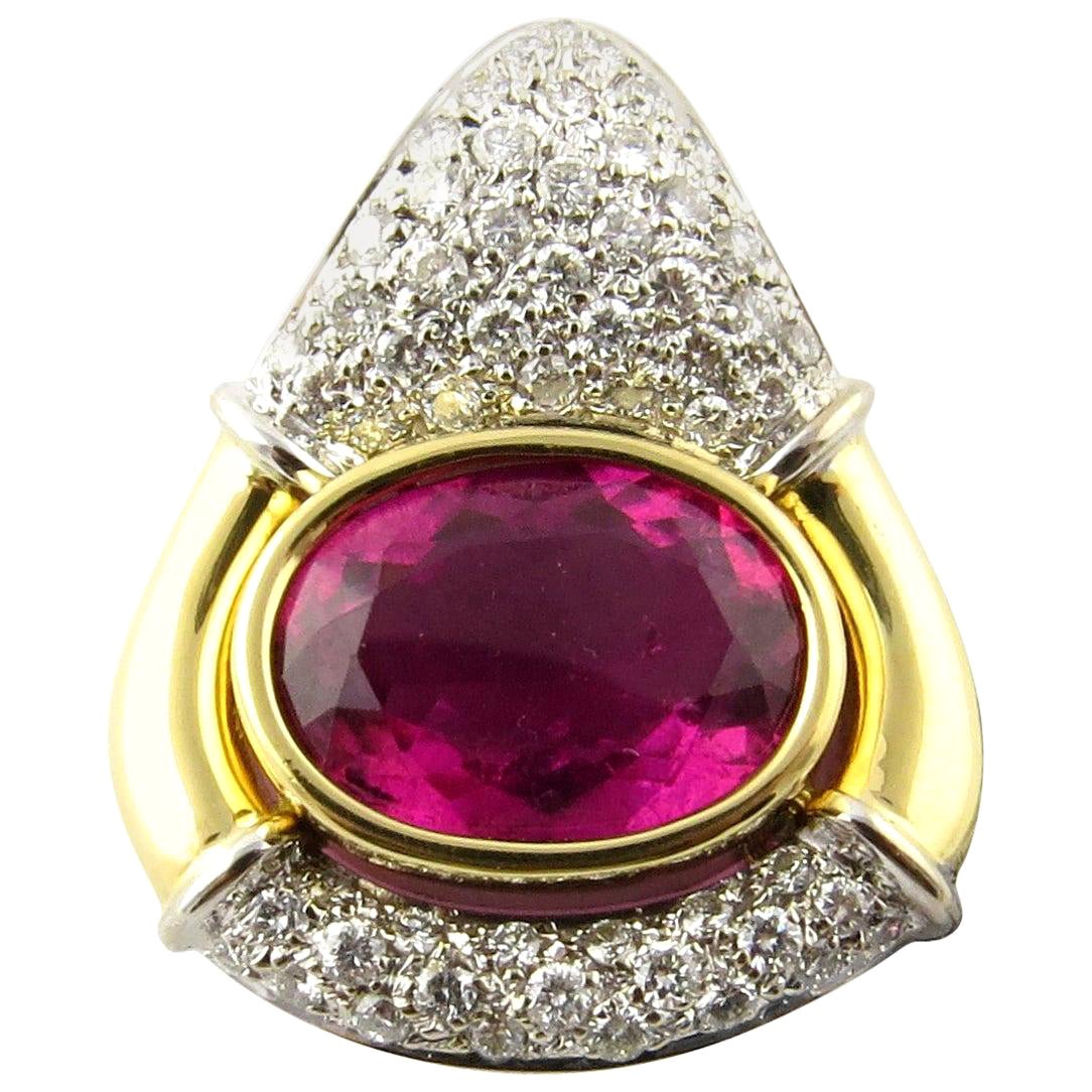 IGI Cert 18K Yellow White Gold Natural Pink Tourmaline Diamond Pendant Enhancer For Sale